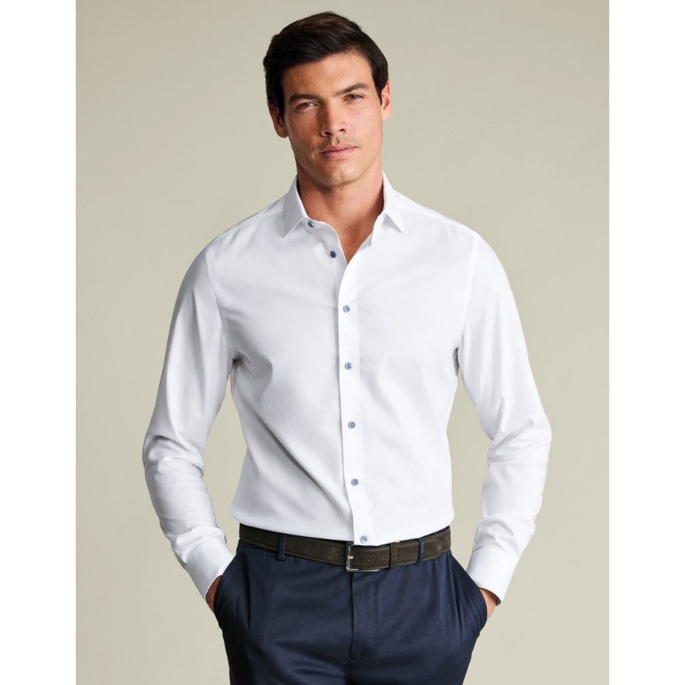 Charles Tyrwhitt Non-Iron Stretch Printed Trim Shirt White Slim Fit 17/34 XL